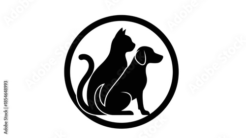 Black and white silhouette of a cat and a dog inside a circle represents animal love and