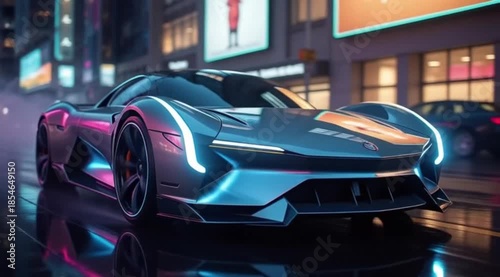 Futuristic car racing through a neon-lit cyberpunk city at night, showcasing high-speed motion, vibrant lights, and dynamic urban sci-fi visuals.