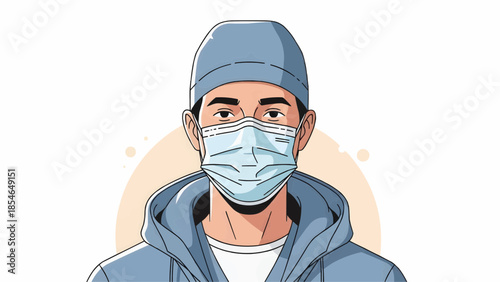 Flat vector illustration of male surgeon wearing surgical mask and scrubs on neutral background