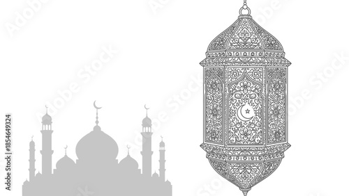 Elegant Islamic Design Featuring a Decorative Lantern and Mosque Silhouette on white background