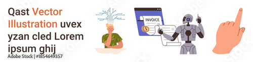 Artificial intelligence, digital payment systems, human cognition, innovation, robotics, technological interaction. Robot interacting with invoice, hand pointing and human thinker. Artificial