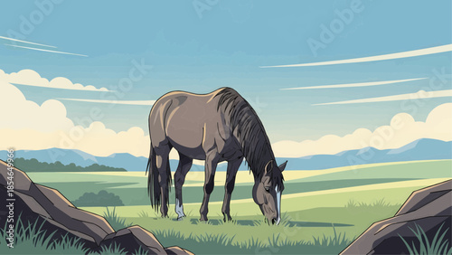 Flat vector illustration of horse grazing on grass in green meadow under blue sky