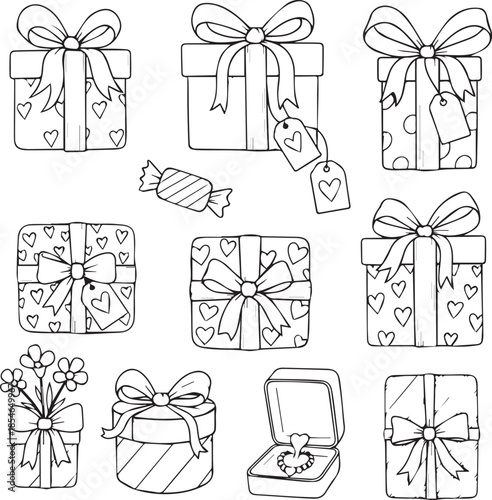 A collection of elegantly wrapped gifts and candies in a festive illustration