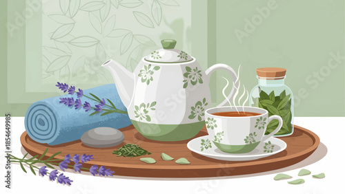 Flat vector illustration of herbal tea set with teapot, cup and lavender on wooden tray