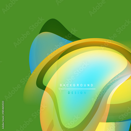 Abstract fluid shapes overlap, creating vibrant color gradients. Green background complements yellow, blue hues. Modern design element.