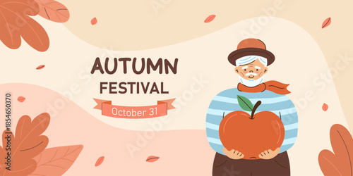 Gray haired grandfather holding large apple in his hands. Autumn and harvest concept. Horizontal Web banner with autumn leaves for Autumn Festival. Flat style vector illustration.