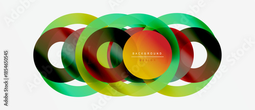 Abstract colorful circles overlap creating dynamic visual effect. Gradient shades blend, forming modern background design.