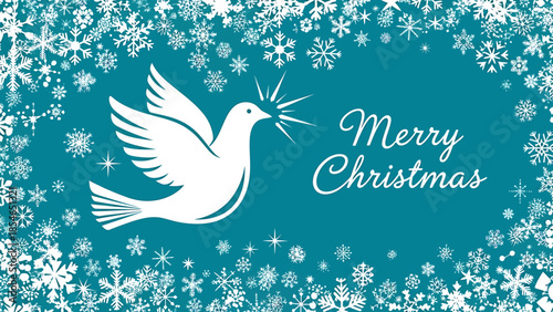 Whimsical teal Christmas card featuring a stylized bird among snowflakes with Merry Christmas script on a dark green background