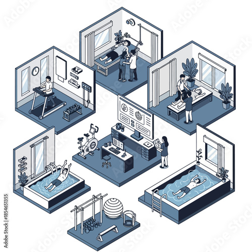 Isometric illustration of a modern medical rehabilitation and physical therapy center with various treatment and exercise rooms.