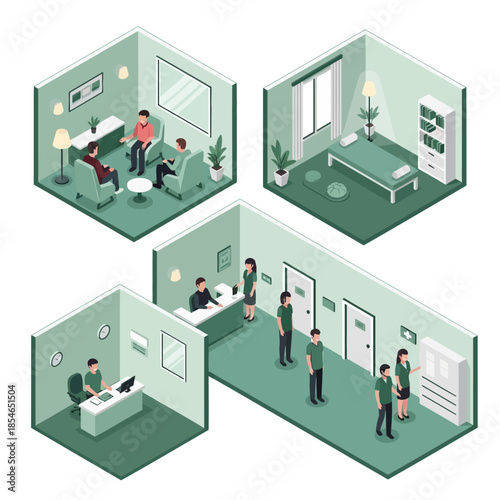 Isometric illustration of various rooms in a clinic or professional office setting, including therapy, examination, reception, and administrative areas.