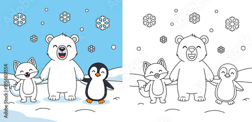 Cute arctic animals coloring book vector illustration with polar bear, penguin and fox holding hands