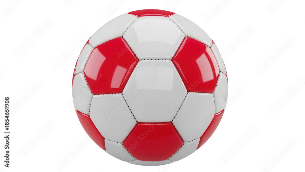 Fototapeta premium Red and white soccer ball PNG isolated on transparent background, classic football equipment for sports and games