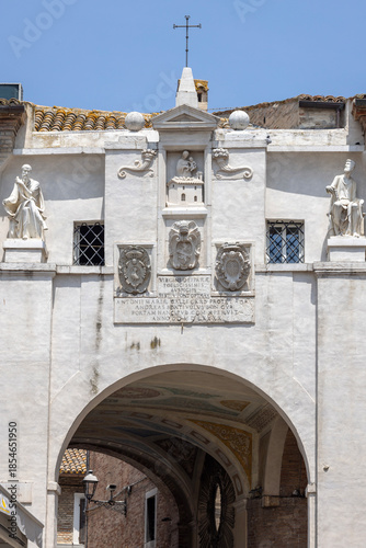Porta Romana (Roman Gate), stone entrance to town, part of medieval defensive walls, Loreto, Italy
