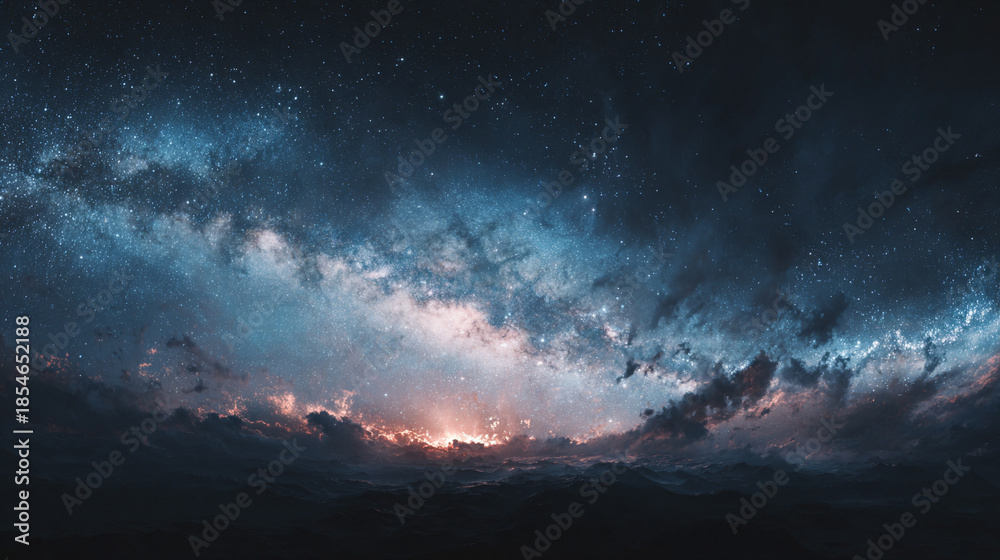 Fototapeta premium Panoramic view of the Milky Way galaxy with glowing nebulae and countless cosmic stars, capturing the vastness and beauty of deep space for astronomical and cosmic-themed visuals.