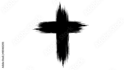 Black brush-stroke cross on white background, minimalist grunge religious symbol, abstract Christian cross design
