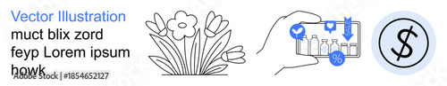 E-commerce, online payment, mobile apps, nature, floral designs, secure transactions. Outlined icons of flowers, a phone scanning items and a dollar sign. E-commerce and online payment concept