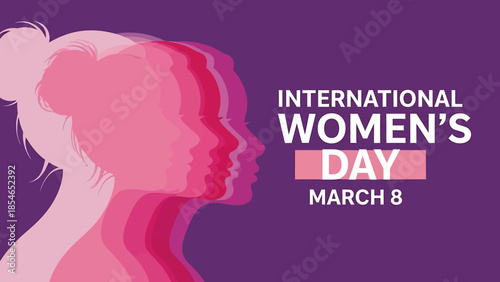 International Women's Day banner featuring pink profile silhouettes on a purple background celebrating women's empowerment, equality, and rights on March 8