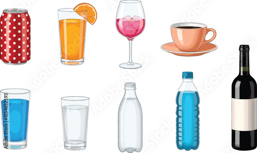  Diverse collection of beverage icons featuring soda can orange juice glass cocktail wine coffee cup water bottle and red wine for menu design and restaurant catering.