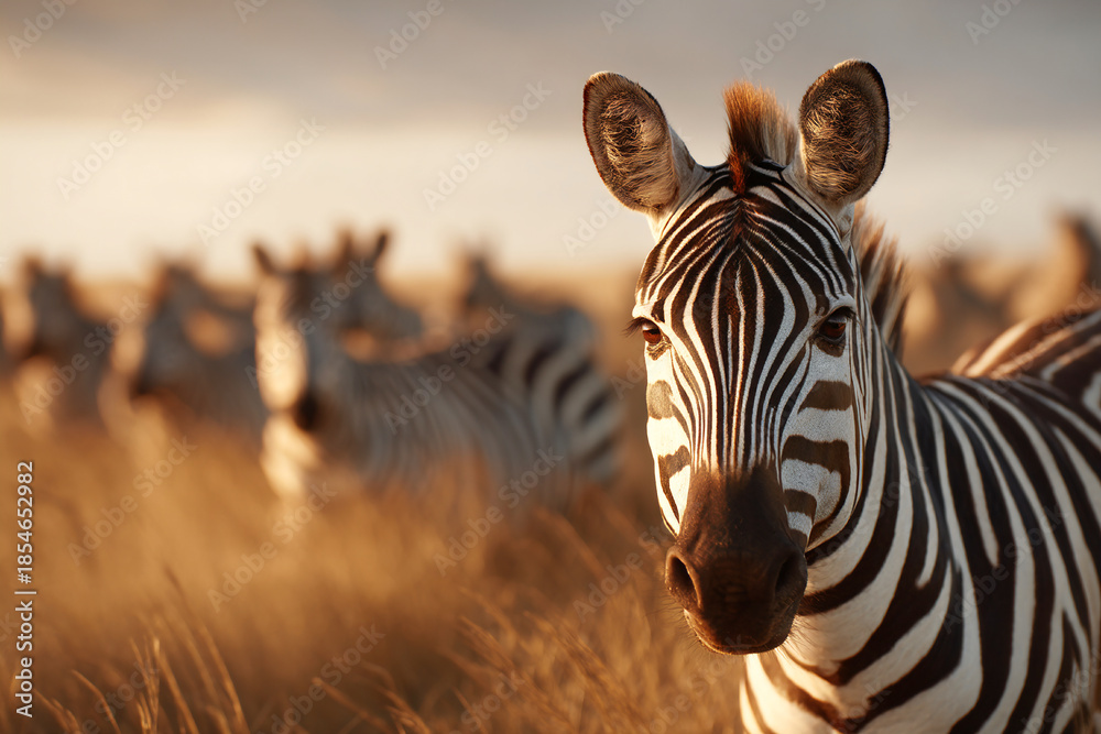 Obraz premium Zebras grazing in a golden field under a soft sunset glow Generative AI