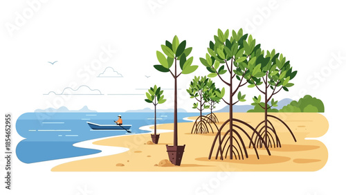 Illustration of mangrove trees on a beach with a fisherman in a boat