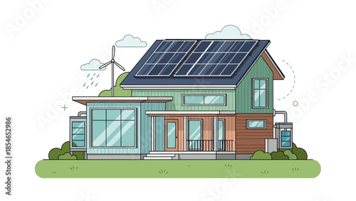 Eco-friendly modern house with solar panels and wind turbine