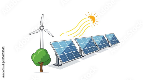 Renewable Energy Concept with Solar Panels and Wind Turbine Illustration