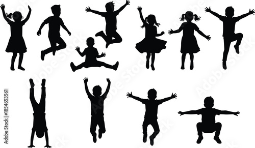 Children silhouettes, playful poses, jumping, dancing, handstand, squatting, joyful movement, childhood energy, dynamic posture, vector art, lifestyle illustration design