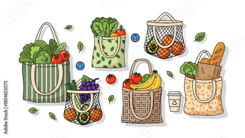 Eco-friendly reusable shopping bags with fruits and vegetables illustration