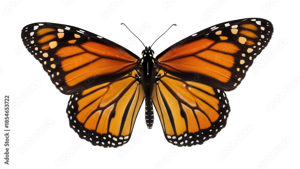 Fototapeta premium Monarch butterfly PNG isolated on transparent background, orange and black wings with white spots, beautiful insect for design projects