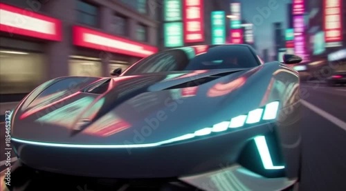 Futuristic car racing through a neon-lit cyberpunk city at night, showcasing high-speed motion, vibrant lights, and dynamic urban sci-fi visuals.