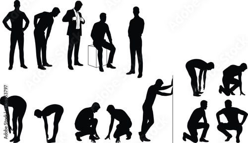 Human silhouette poses, standing, sitting, kneeling, squatting, leaning, dynamic posture illustration, ergonomic study, design resource, vector art collection