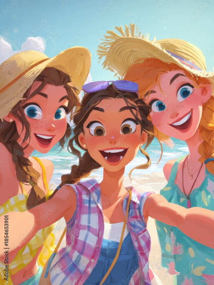 Fototapeta premium three cheerful girls friends in summer clothes taking a selfie at the beach no logos no brands ar 34