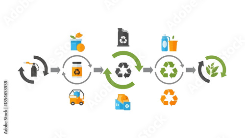 Recycling process infographic with icons and arrows