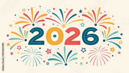 Vibrant 2026 celebration with colorful fireworks and stars