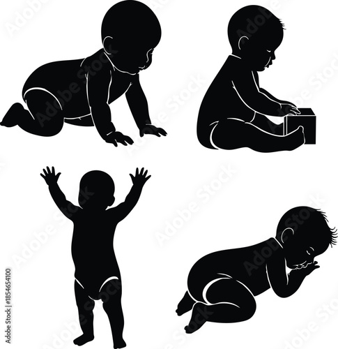Black baby silhouettes crawling, sitting, standing, and sleeping on white