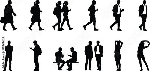 Human silhouettes, male and female figures, standing poses, casual and formal clothing, hairstyle diversity, posture illustration, fashion concept, vector people collection art