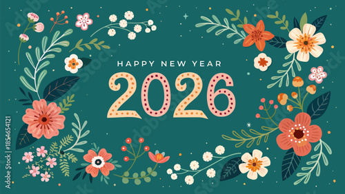 Happy New Year 2026 floral celebration with vibrant flowers