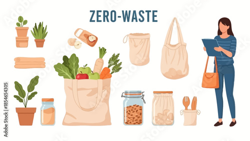 Zero-waste lifestyle concept with reusable bags and eco-friendly products