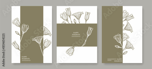 Wedding Invitation Set with Line Art Flowers Vintage Style. Wedding Invitation Template in Minimalist Linear Style with Outline Simple Flowers. Holiday Cards, Greeting Vector Illustration