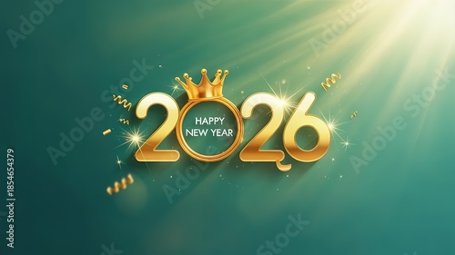 Elegant Gold 2026 New Year Celebration Design with Sparkling Confetti and Crown on Teal Background Ideal for Festive Greetings and Holiday Marketing Materials