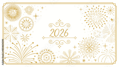 Golden fireworks and snowflakes celebrate 2026 New Year