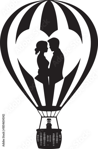 A silhouette of a hot air balloon with the romantic couple element showing the romantic moment