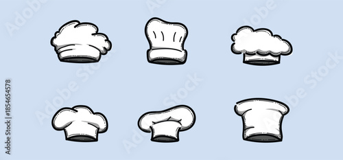 Six Cartoon Chef Hats Collection: Chef Cap Icons for Food, Restaurant, and Kitchen Design