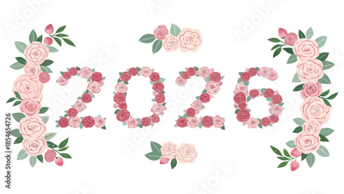 Beautiful floral illustration of the year 2026 with pink roses