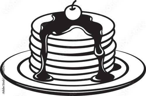 Black silhouette shows syrup dripping down a stack of pancakes with an apple topping