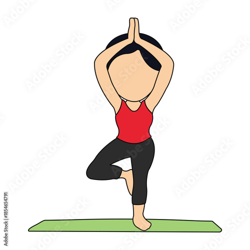 Woman Practicing Tree Pose Vrikshasana Yoga Balance Illustration in Minimal Flat Style