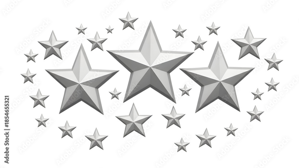 Obraz premium Collection of metallic silver stars of various sizes arranged in a circular pattern isolated on a transparent background