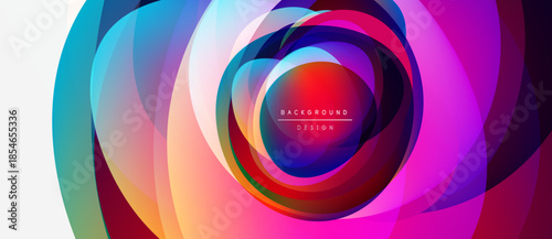 Abstract colorful layers create dynamic circular pattern. Vibrant hues blend, forming modern background design. Smooth gradients suggest movement.