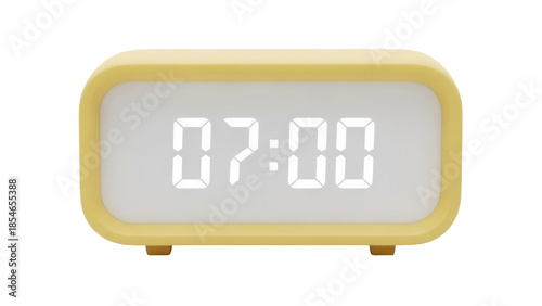 Yellow digital alarm clock showing 07 00 isolated PNG, modern minimalist design for bedroom decor and time management