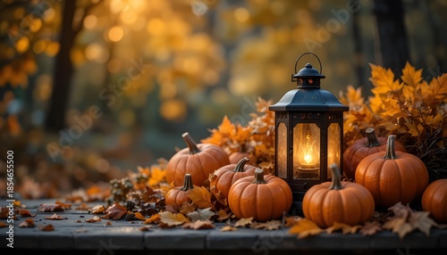 Autumn Harvest Still Life Wallpaper Featuring Pumpkins, Lanterns, and Glowing Bokeh Lights Background Design